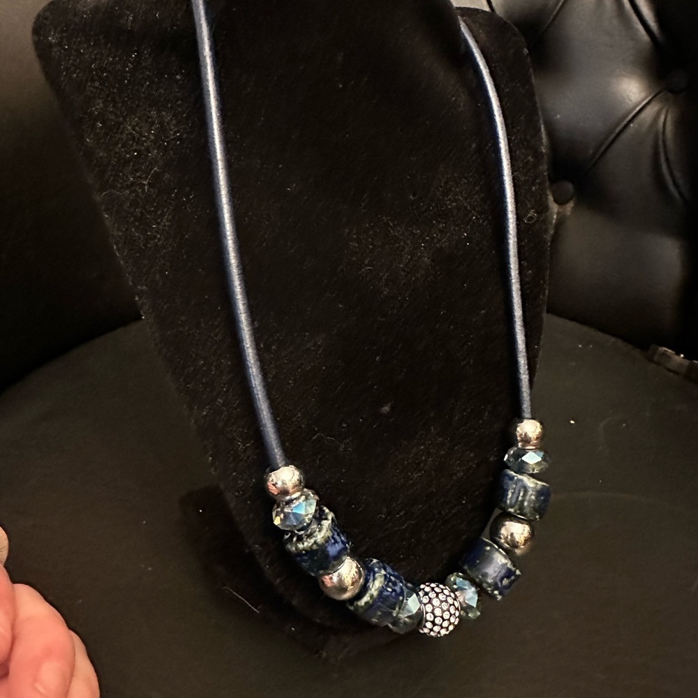 Vintage blue Beaded Necklace with Silver Accents statement costume jewelry piece